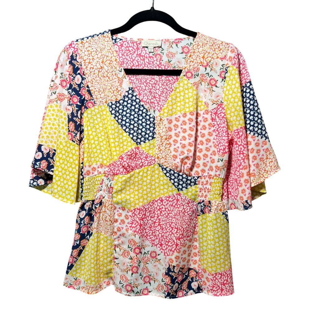 Chenault Patchwork Floral Boho Flutter Sleeve V Neck Smocked Waist Blouse Size M